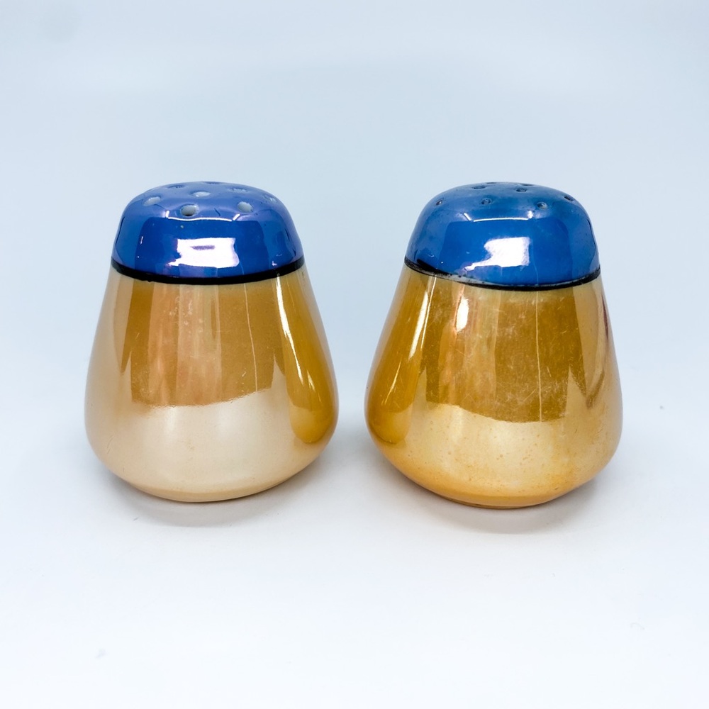 Vintage Lusterware Salt & Pepper Shakers Peach Blue MCM Japan Hand Painted